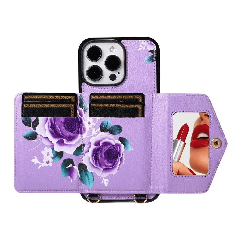 Rose Flower Wallet iPhone Case with Crossbody Strap