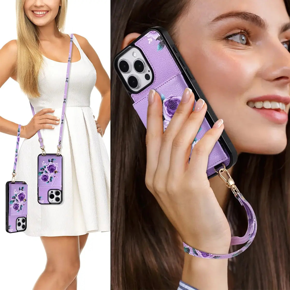 Rose Flower Wallet iPhone Case with Crossbody Strap