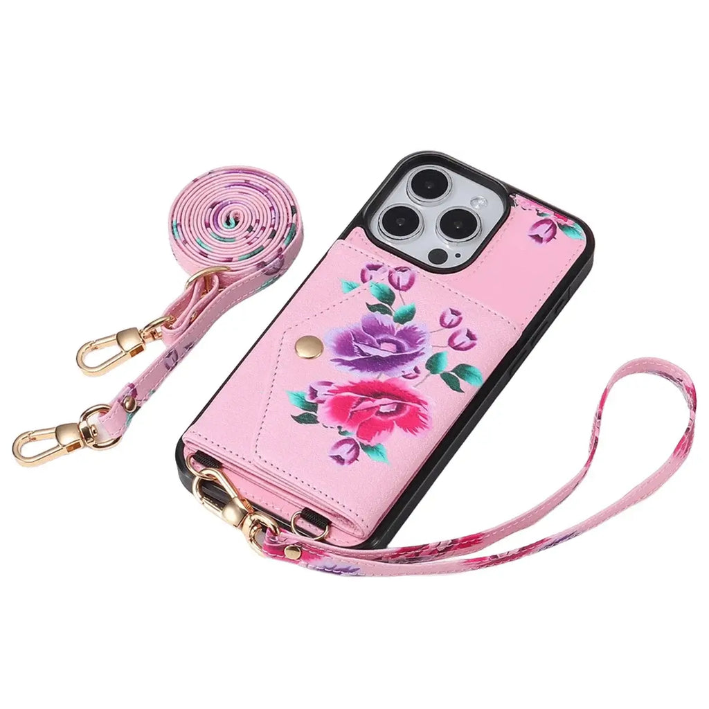 Rose Flower Wallet iPhone Case with Crossbody Strap