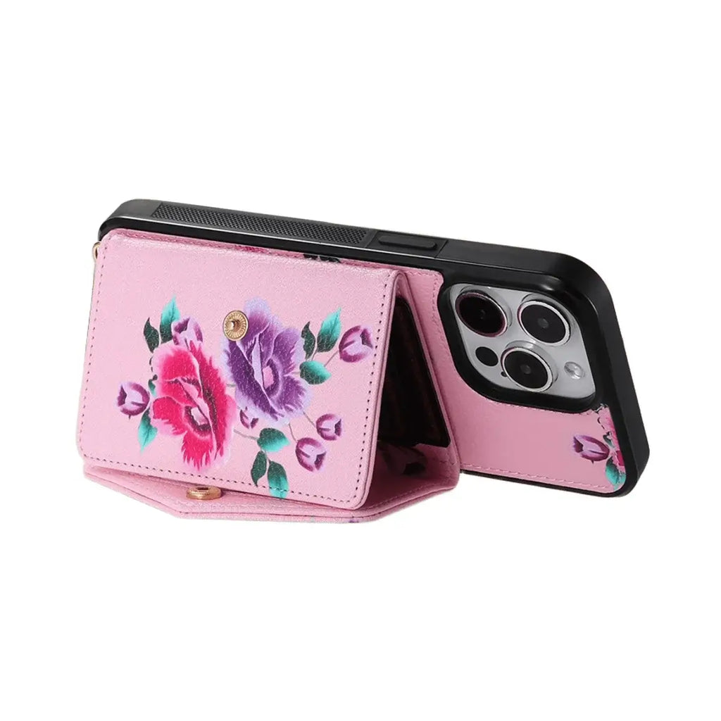 Rose Flower Wallet iPhone Case with Crossbody Strap