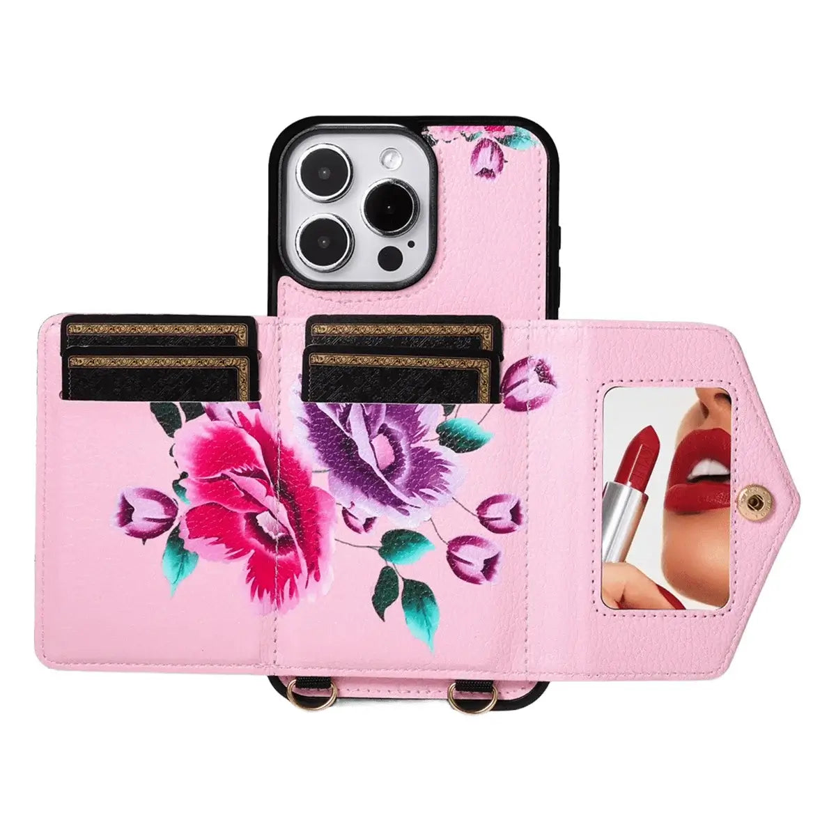 Rose Flower Wallet iPhone Case with Crossbody Strap