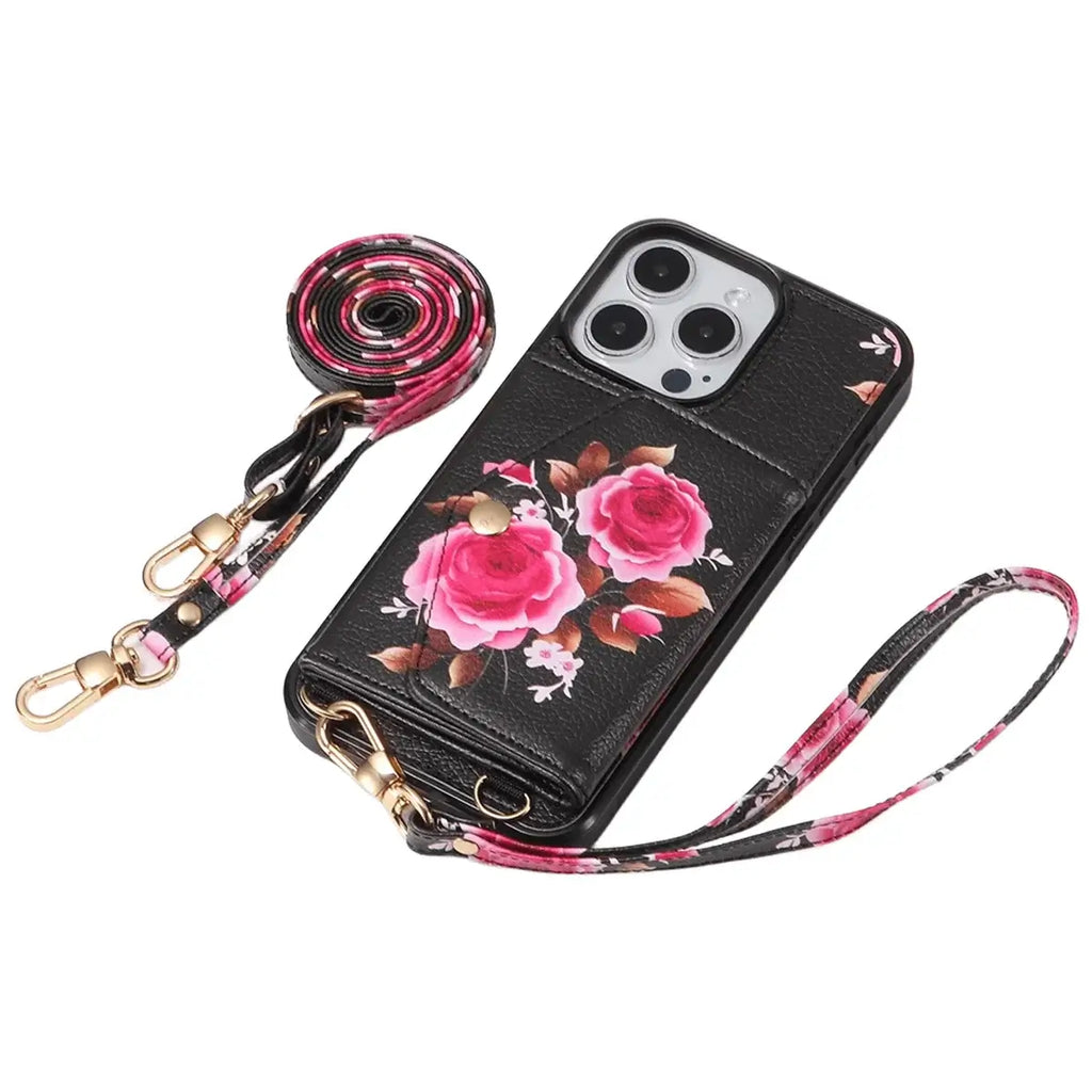 Rose Flower Wallet iPhone Case with Crossbody Strap