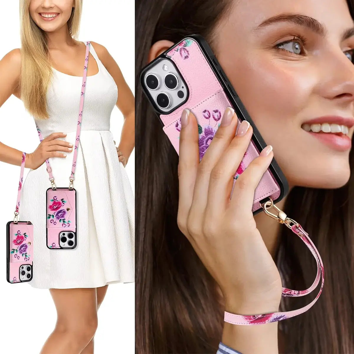 Rose Flower Wallet iPhone Case with Crossbody Strap