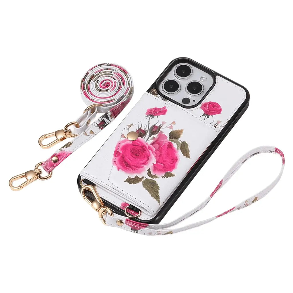 Rose Flower Wallet iPhone Case with Crossbody Strap