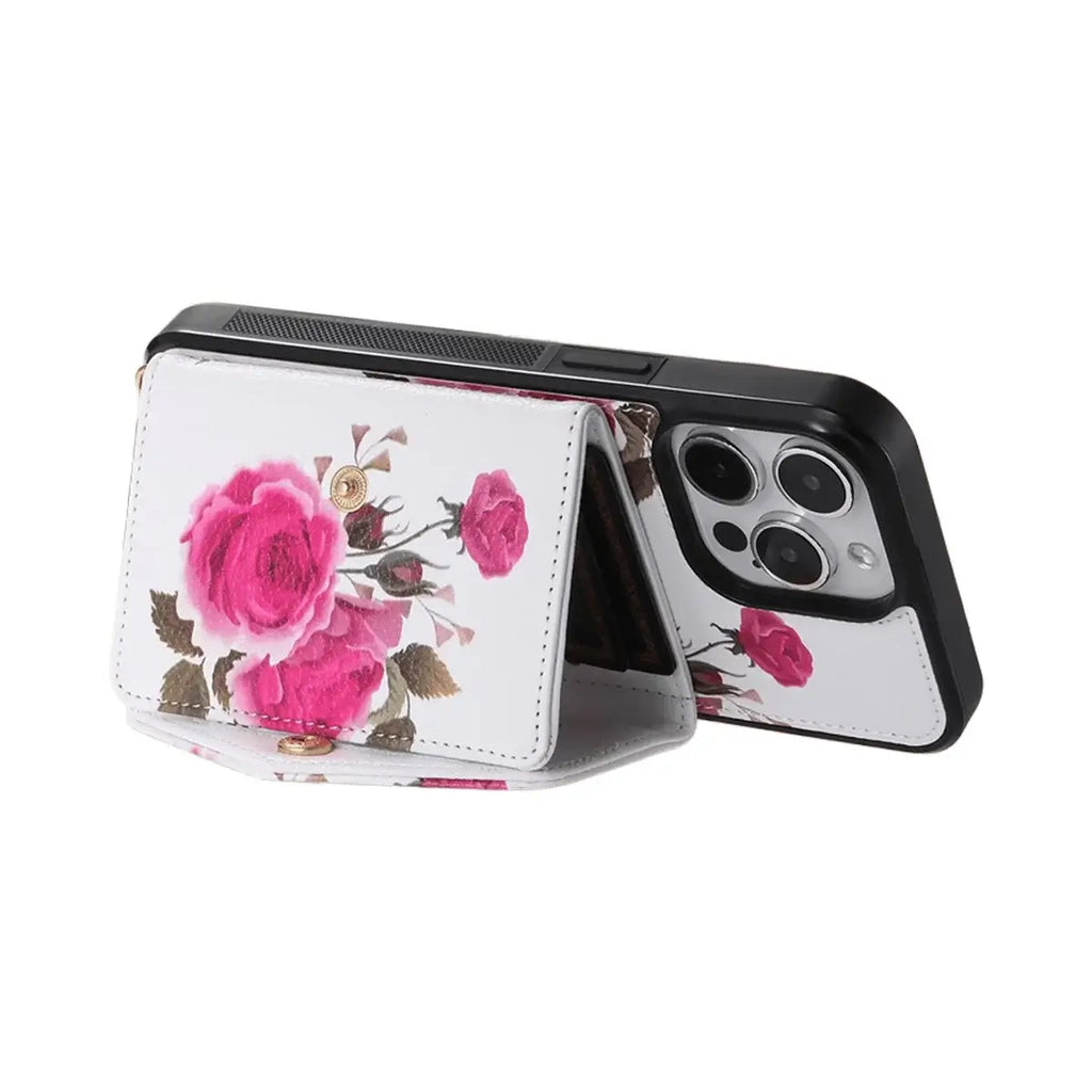 Rose Flower Wallet iPhone Case with Crossbody Strap