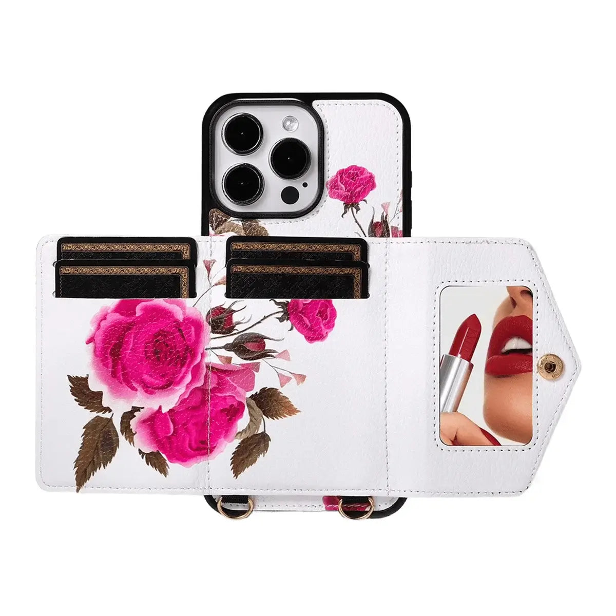 Rose Flower Wallet iPhone Case with Crossbody Strap