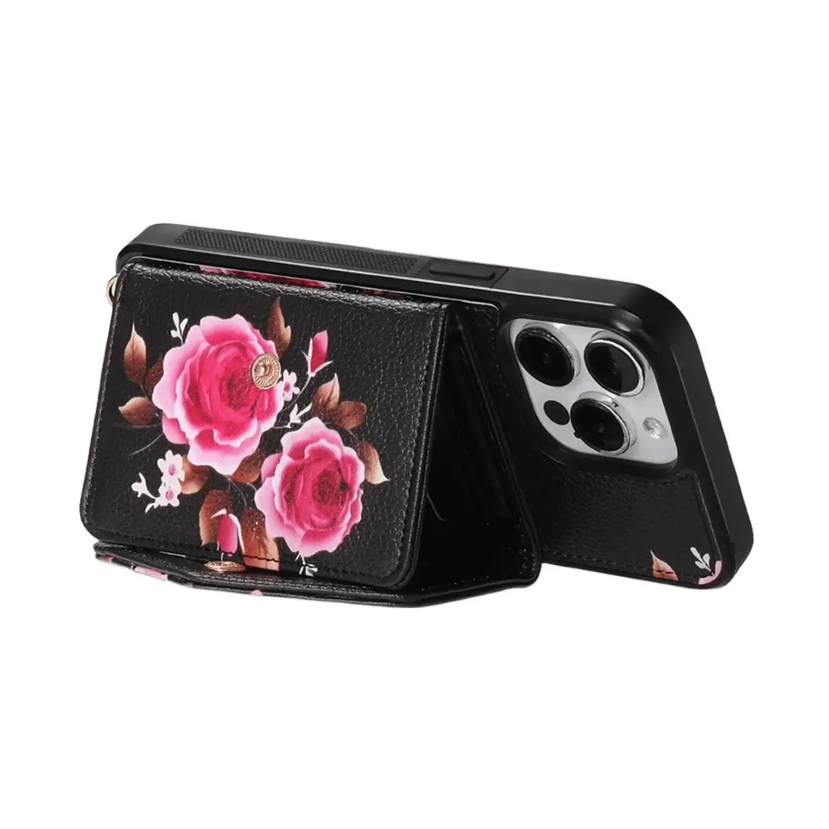 Rose Flower Wallet iPhone Case with Crossbody Strap
