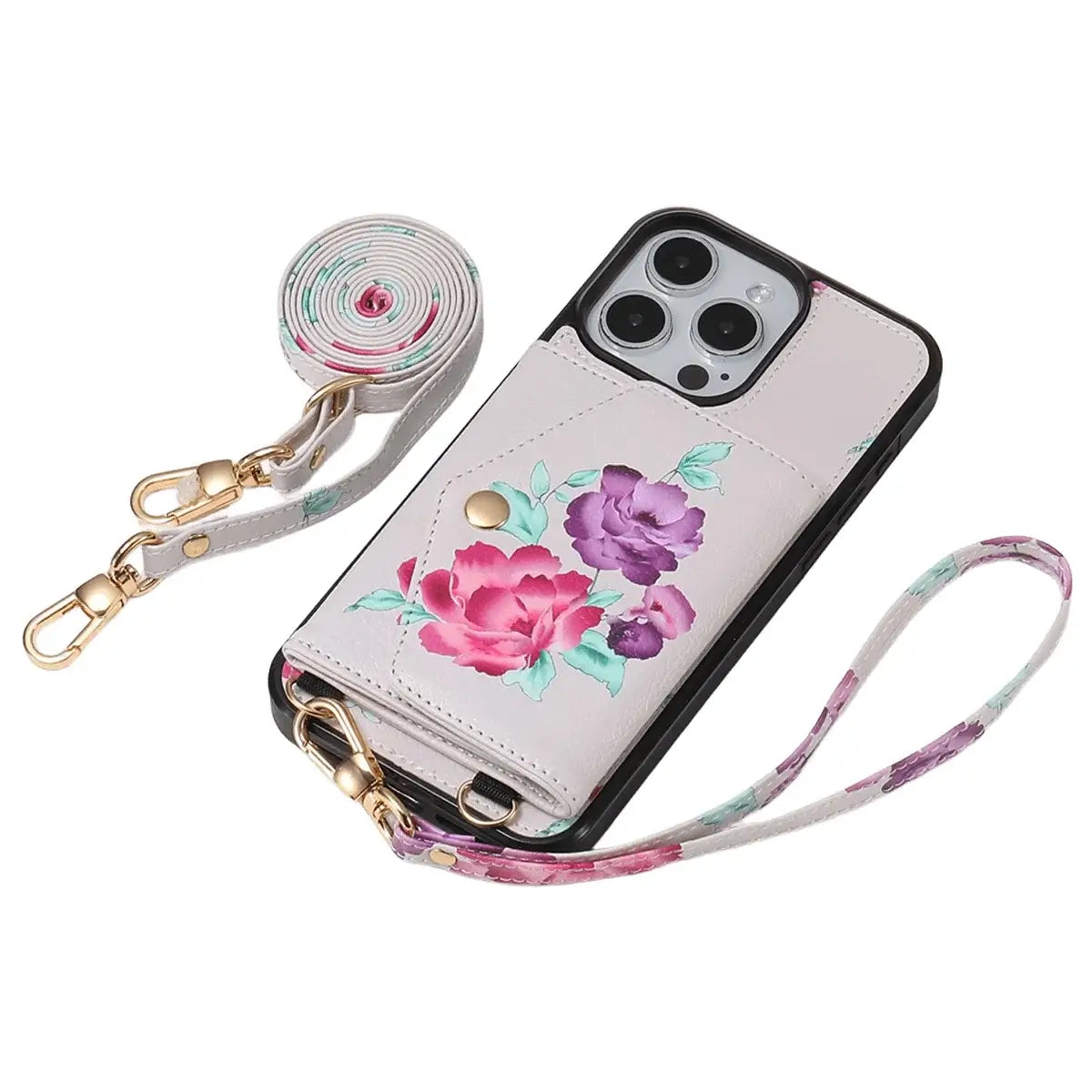 Rose Flower Wallet iPhone Case with Crossbody Strap