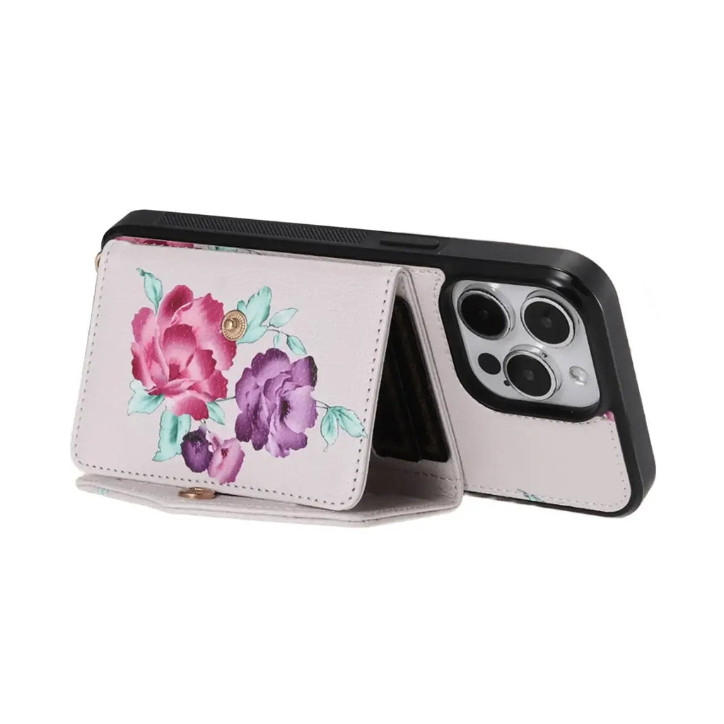 Rose Flower Wallet iPhone Case with Crossbody Strap