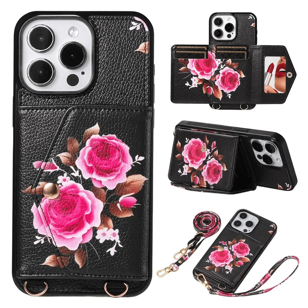 Rose Flower Wallet iPhone Case with Crossbody Strap
