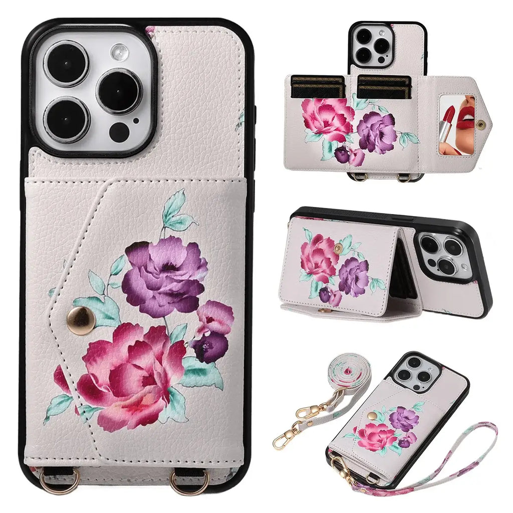 Rose Flower Wallet iPhone Case with Crossbody Strap