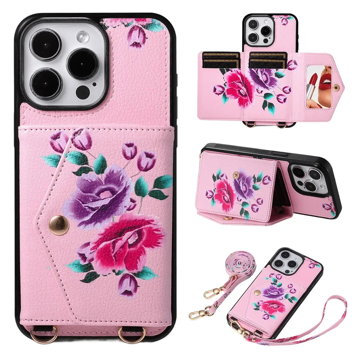 Rose Flower Wallet iPhone Case with Crossbody Strap