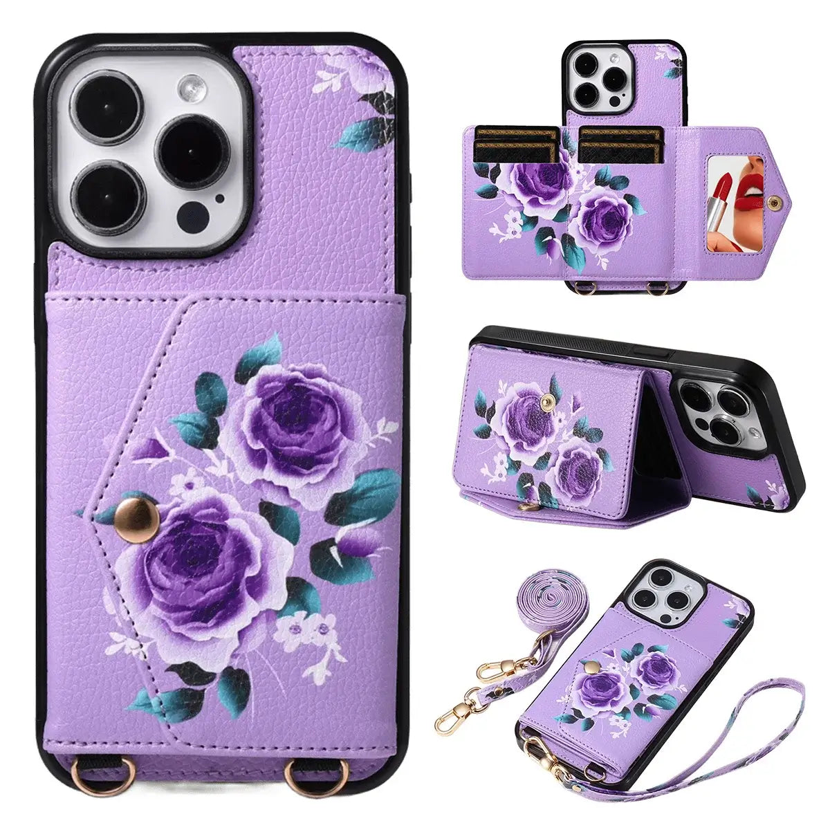 Rose Flower Wallet iPhone Case with Crossbody Strap