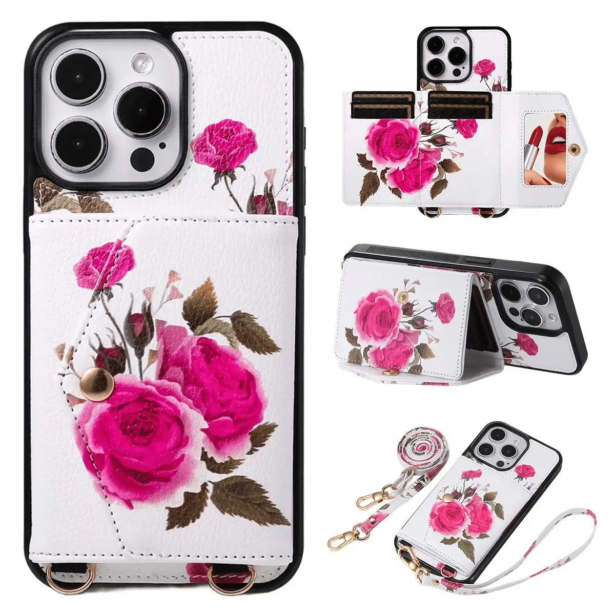 Rose Flower Wallet iPhone Case with Crossbody Strap