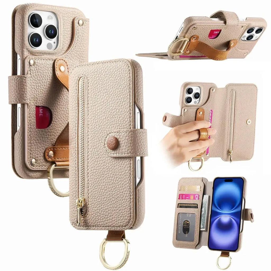 Zipper Wallet iPhone Case with Finger Strap