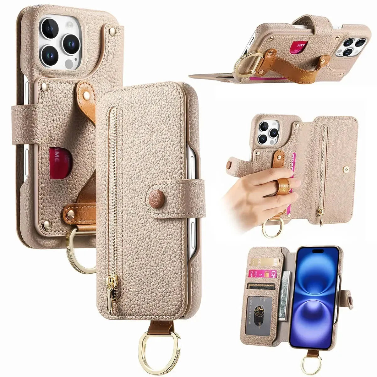 Zipper Wallet iPhone Case with Finger Strap