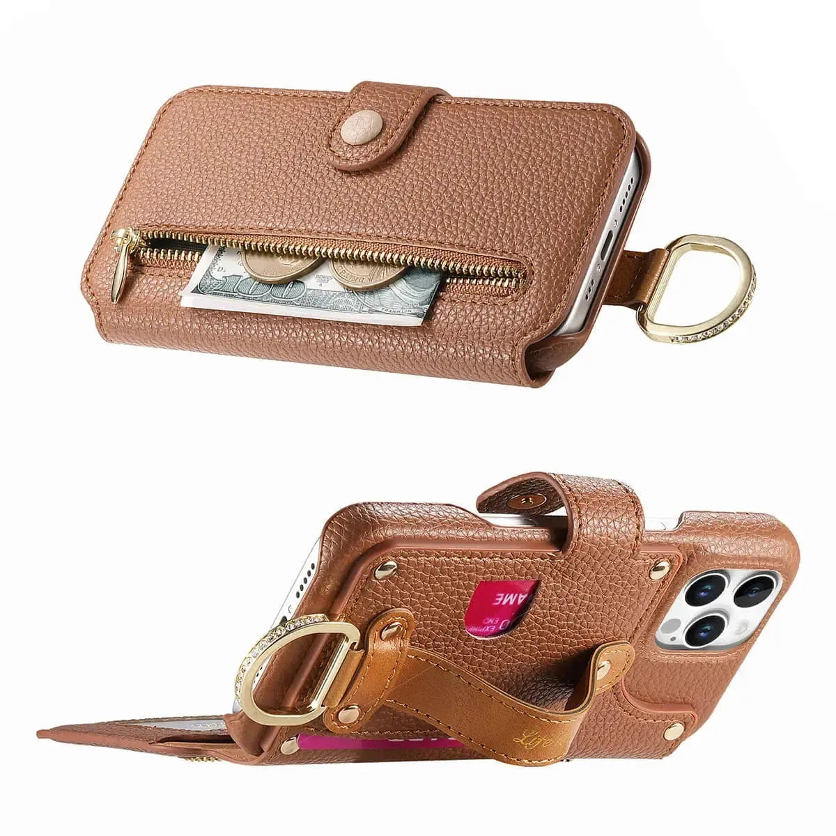 Zipper Wallet iPhone Case with Finger Strap