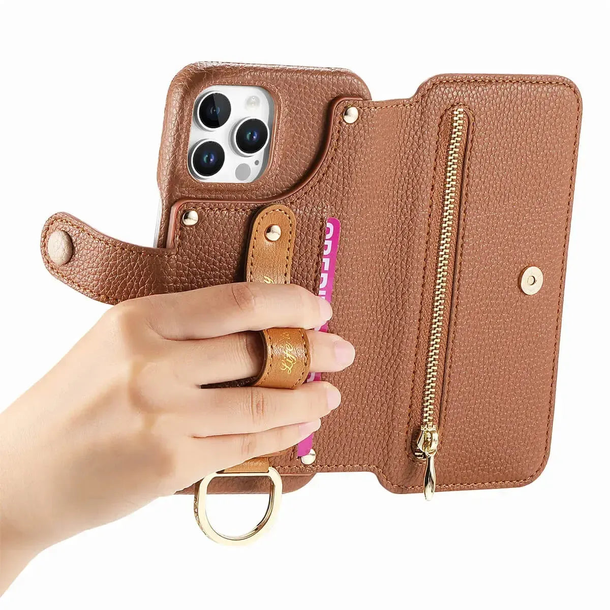Zipper Wallet iPhone Case with Finger Strap