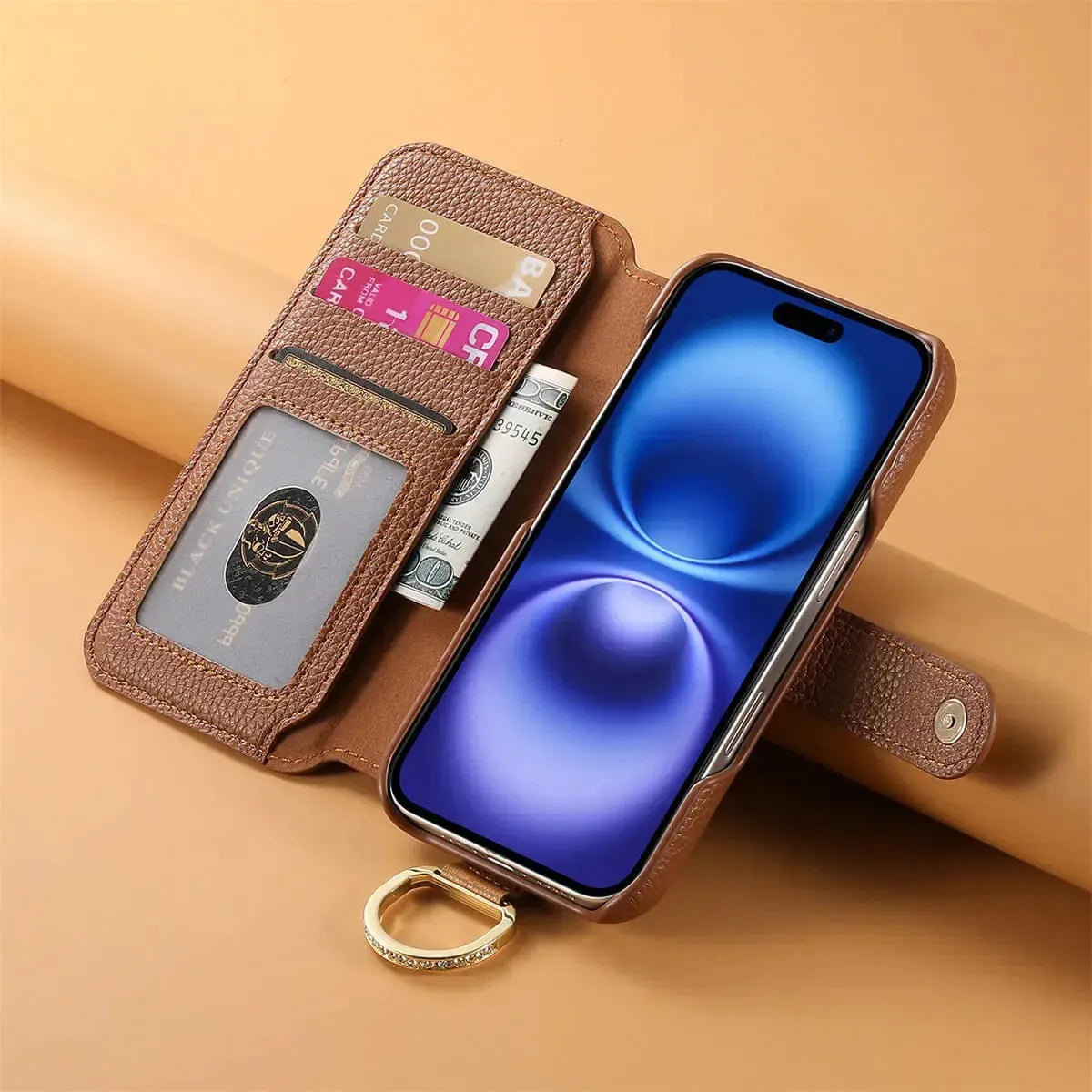 Zipper Wallet iPhone Case with Finger Strap