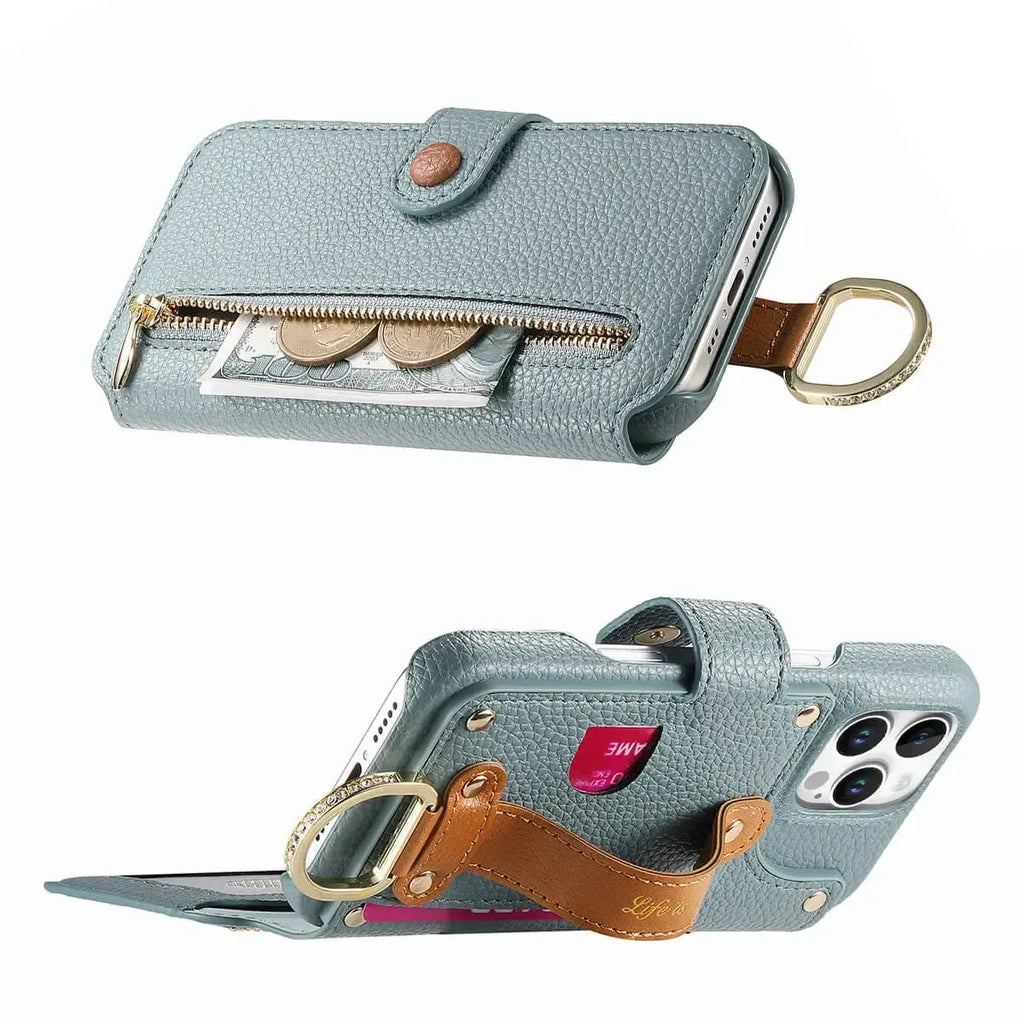 Zipper Wallet iPhone Case with Finger Strap
