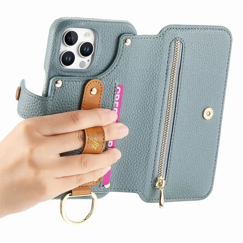 Zipper Wallet iPhone Case with Finger Strap