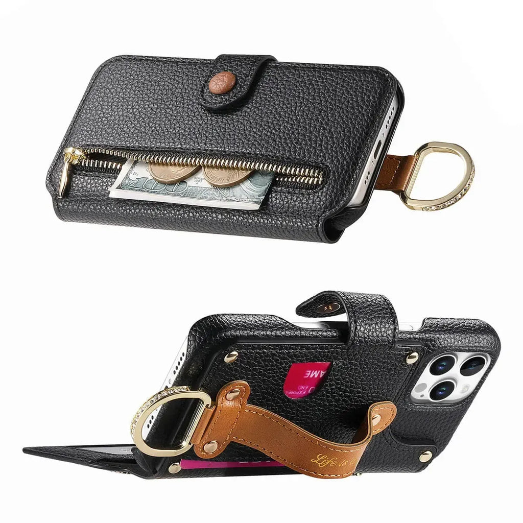 Zipper Wallet iPhone Case with Finger Strap