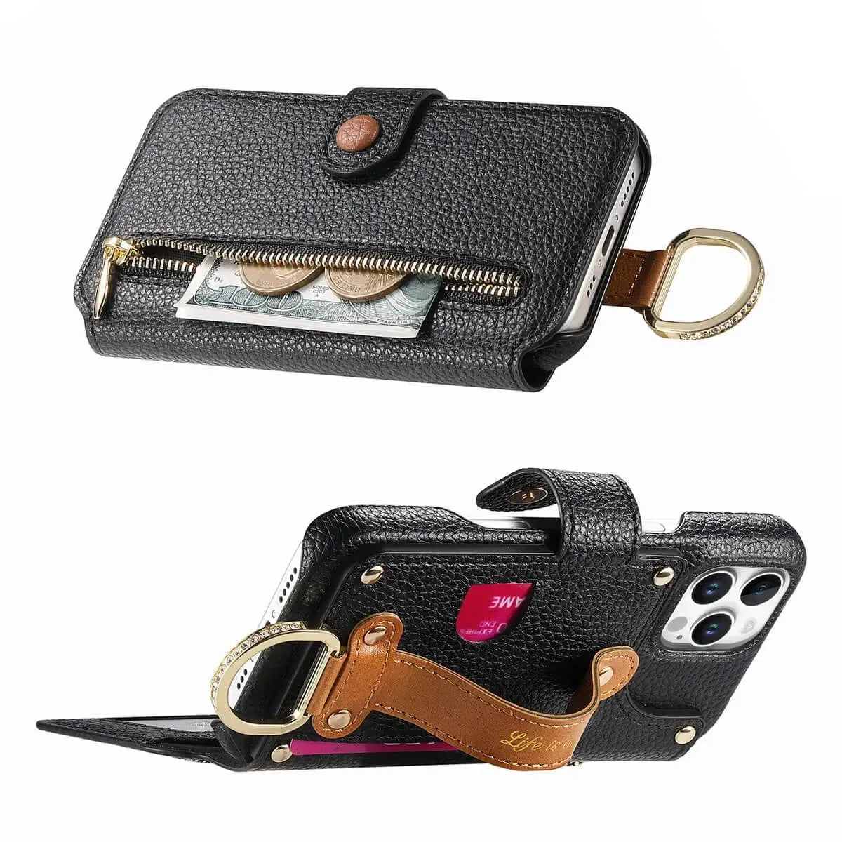 Zipper Wallet iPhone Case with Finger Strap