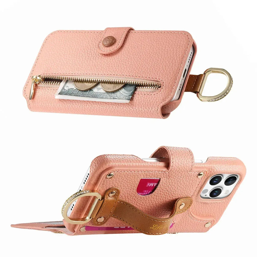 Zipper Wallet iPhone Case with Finger Strap