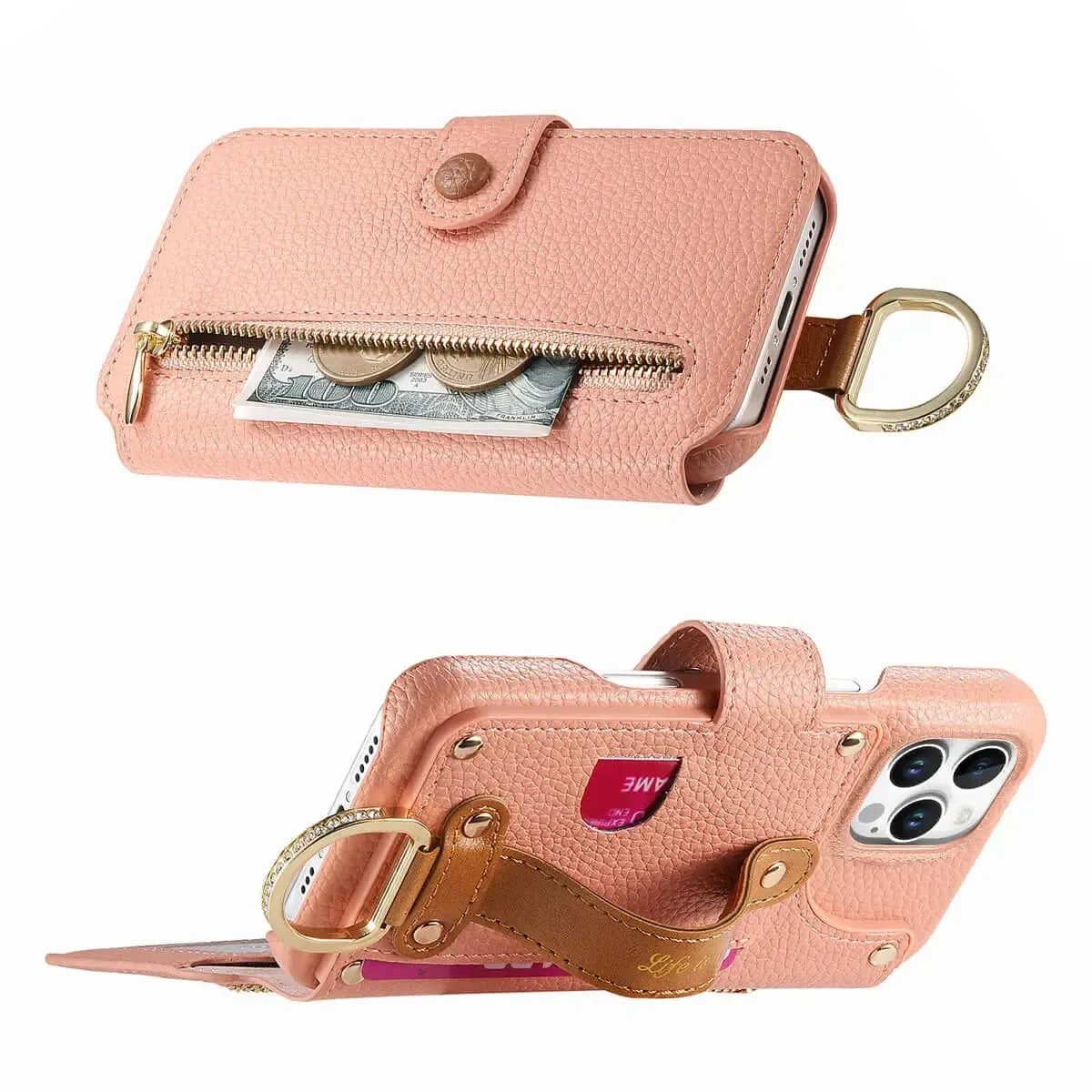 Zipper Wallet iPhone Case with Finger Strap