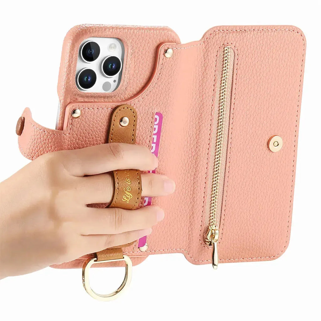 Zipper Wallet iPhone Case with Finger Strap