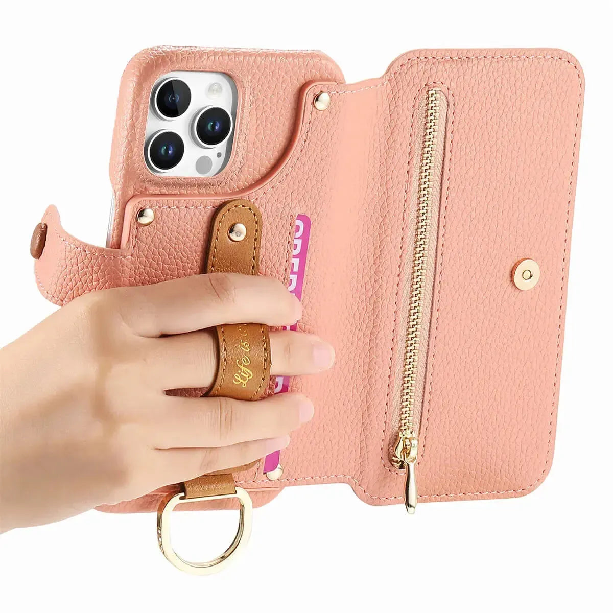 Zipper Wallet iPhone Case with Finger Strap
