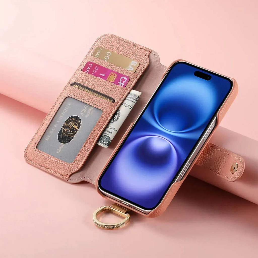 Zipper Wallet iPhone Case with Finger Strap