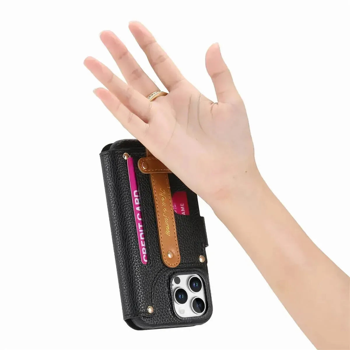 Zipper Wallet iPhone Case with Finger Strap