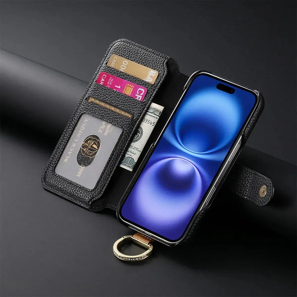 Zipper Wallet iPhone Case with Finger Strap