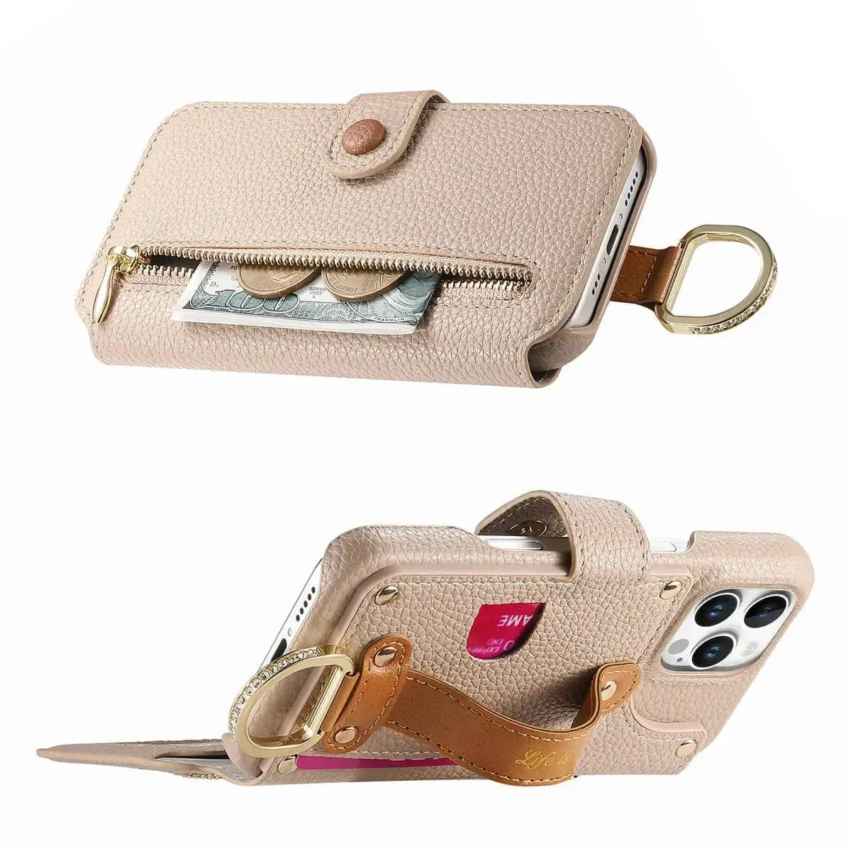 Zipper Wallet iPhone Case with Finger Strap