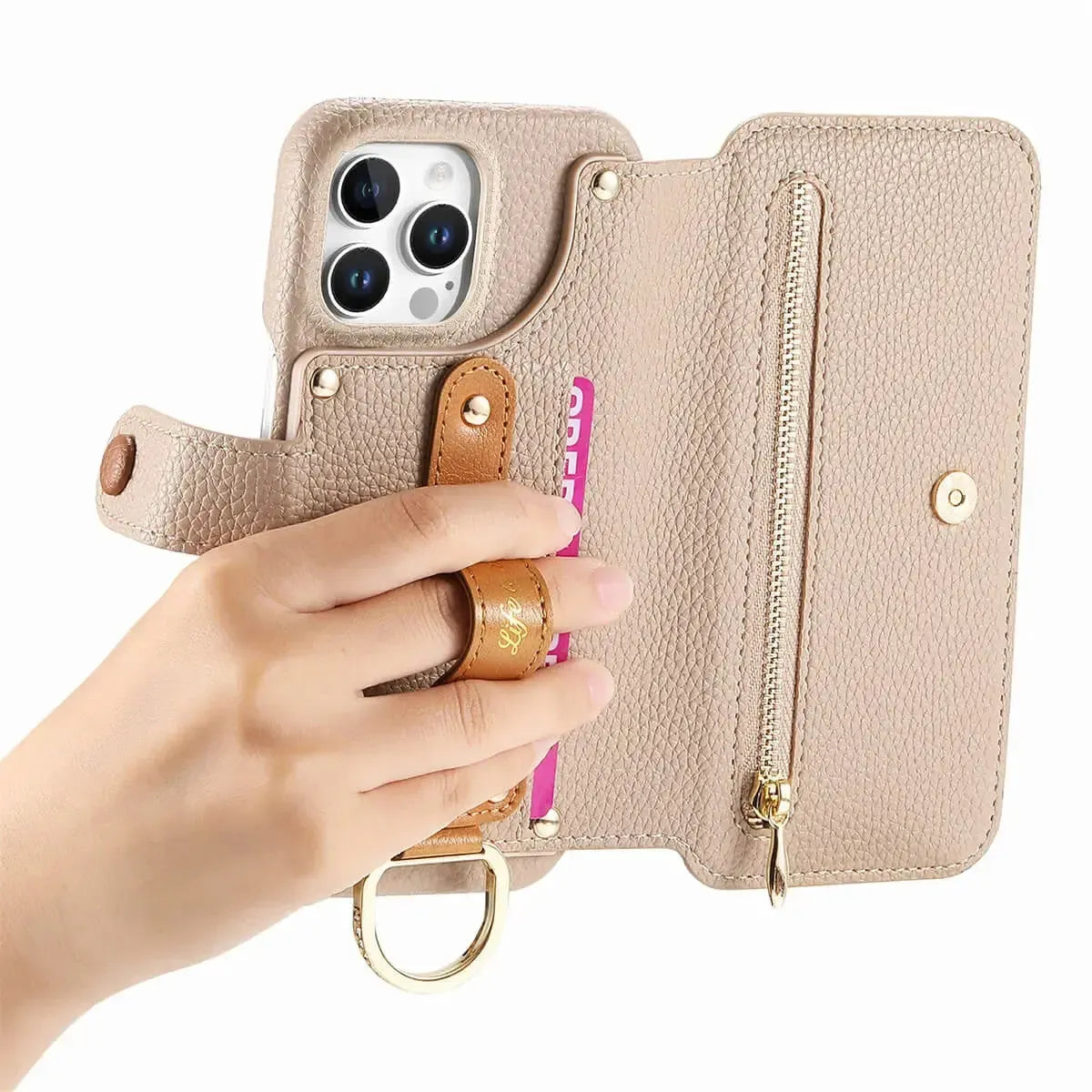 Zipper Wallet iPhone Case with Finger Strap