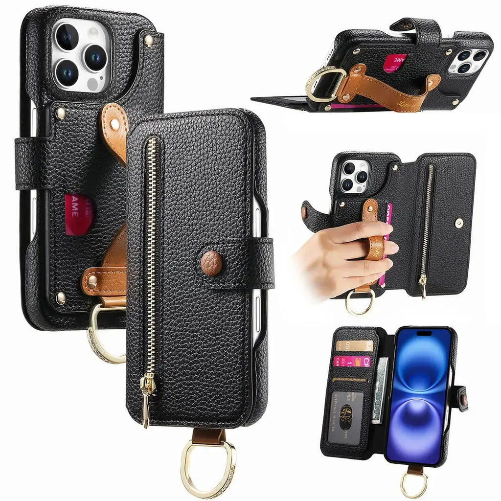 Zipper Wallet iPhone Case with Finger Strap