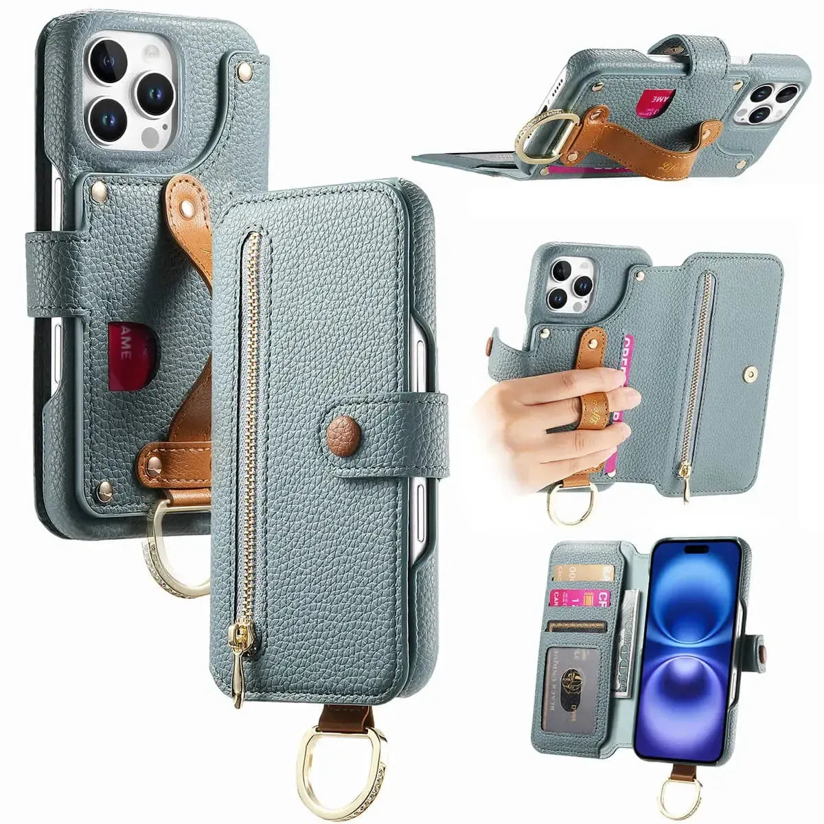 Zipper Wallet iPhone Case with Finger Strap