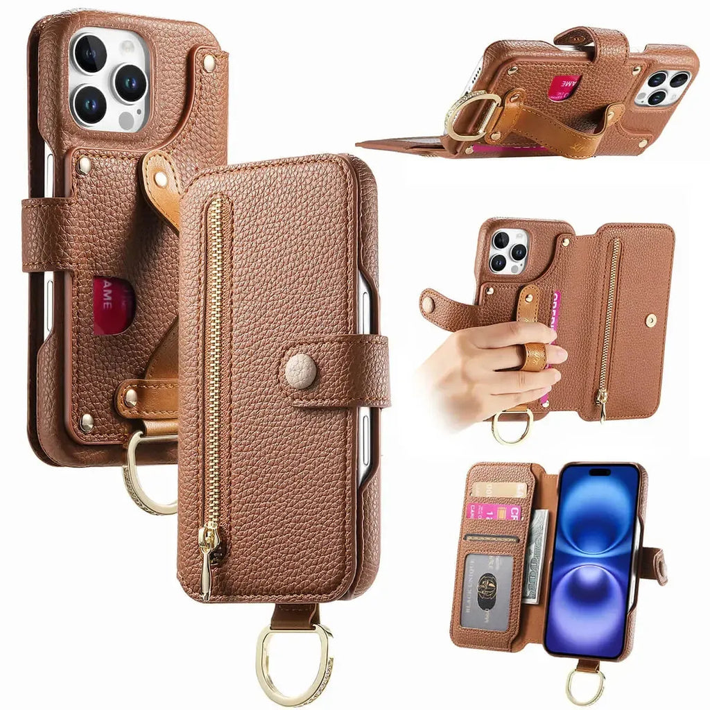 Zipper Wallet iPhone Case with Finger Strap