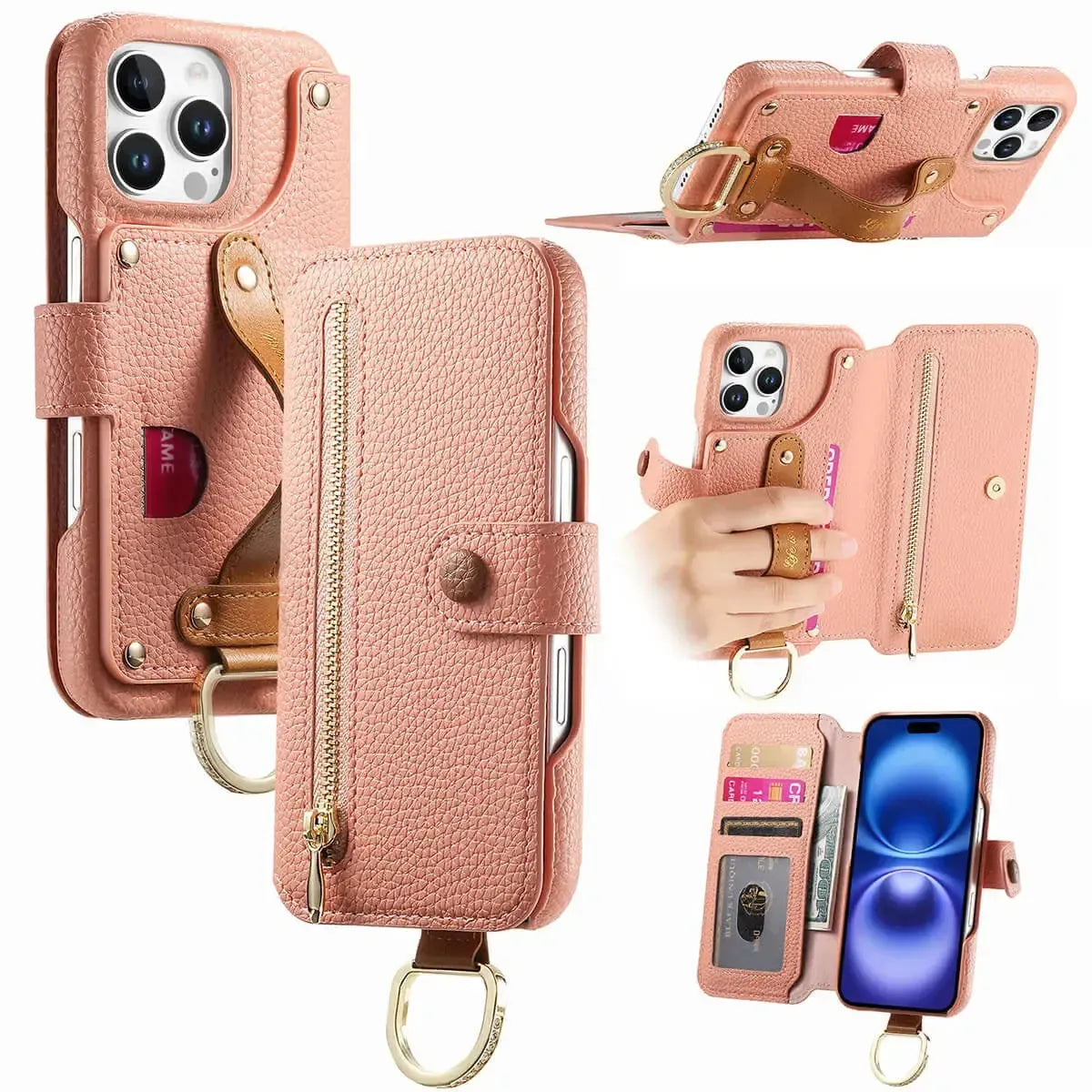Zipper Wallet iPhone Case with Finger Strap