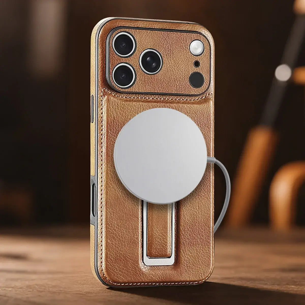 Leather iPhone Case with Built In Metal Kickstand