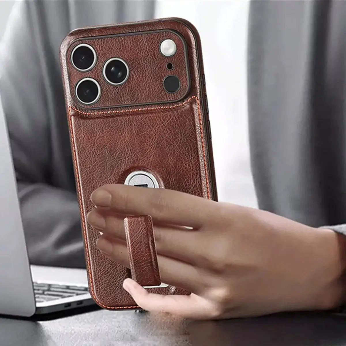 Leather iPhone Case with Built In Metal Kickstand