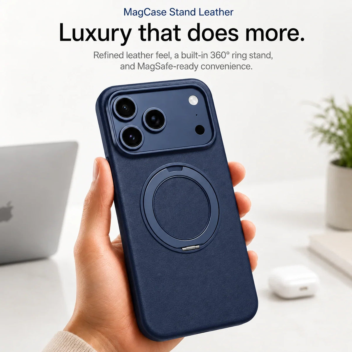 Leather Phone Case with Folding Ring Stand