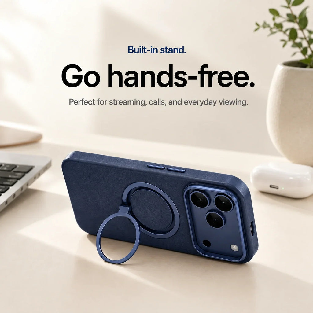 Leather Phone Case with Folding Ring Stand