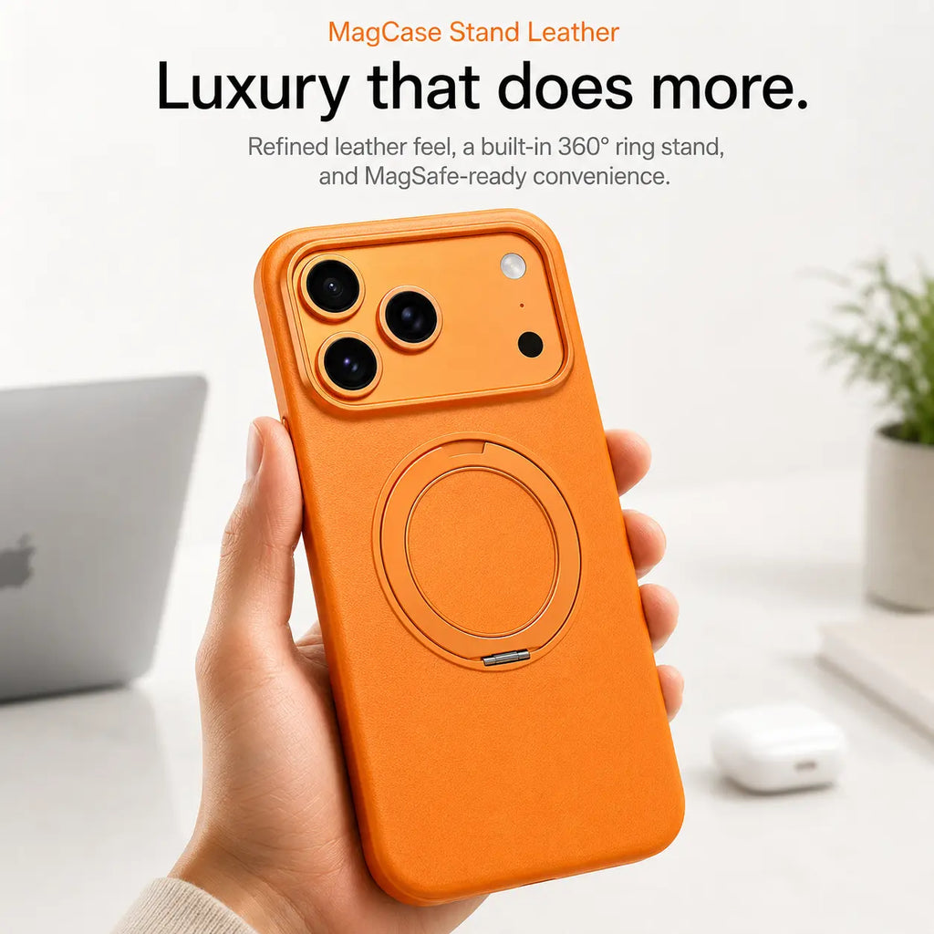 Leather Phone Case with Folding Ring Stand